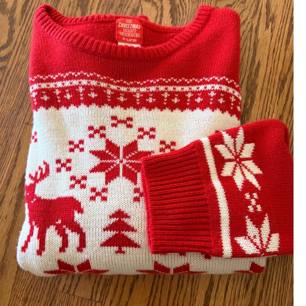 My Christmas Party Sweater Pullover Men XL Red Reindeer Fair Isle Snowflake Ugly